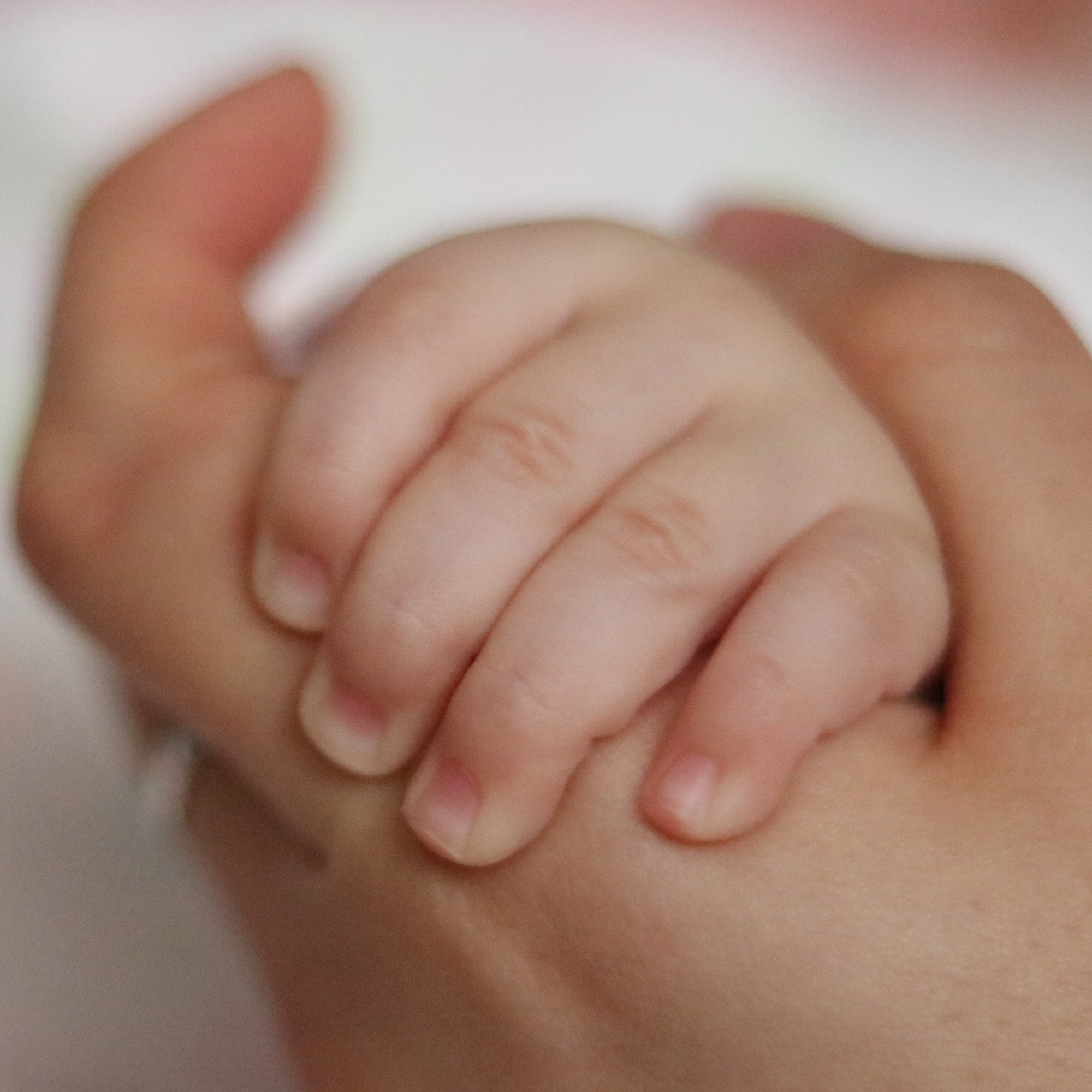 Close-up of a baby's hand gently grasping an adult's finger.