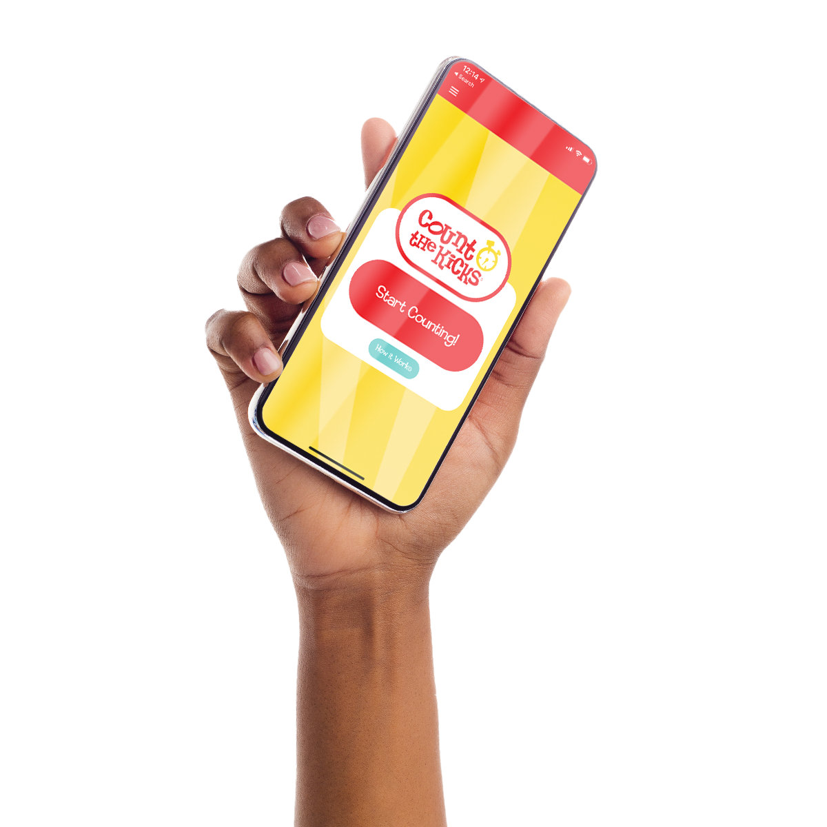 A woman's hand holds a smartphone with the Count the Kicks app on screen.