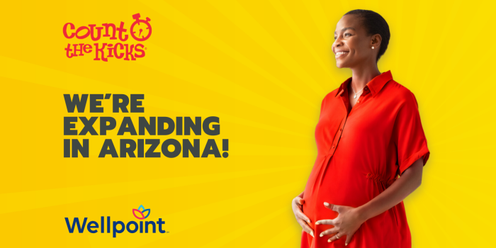 A pregnant woman in a red dress smiles and holds her belly next to text that reads, "We're expanding in Arizona!" on a bright yellow background with Wellpoint and Count the Kicks logos.